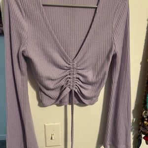 Lavender Ruched V-Neck Ribbed Top